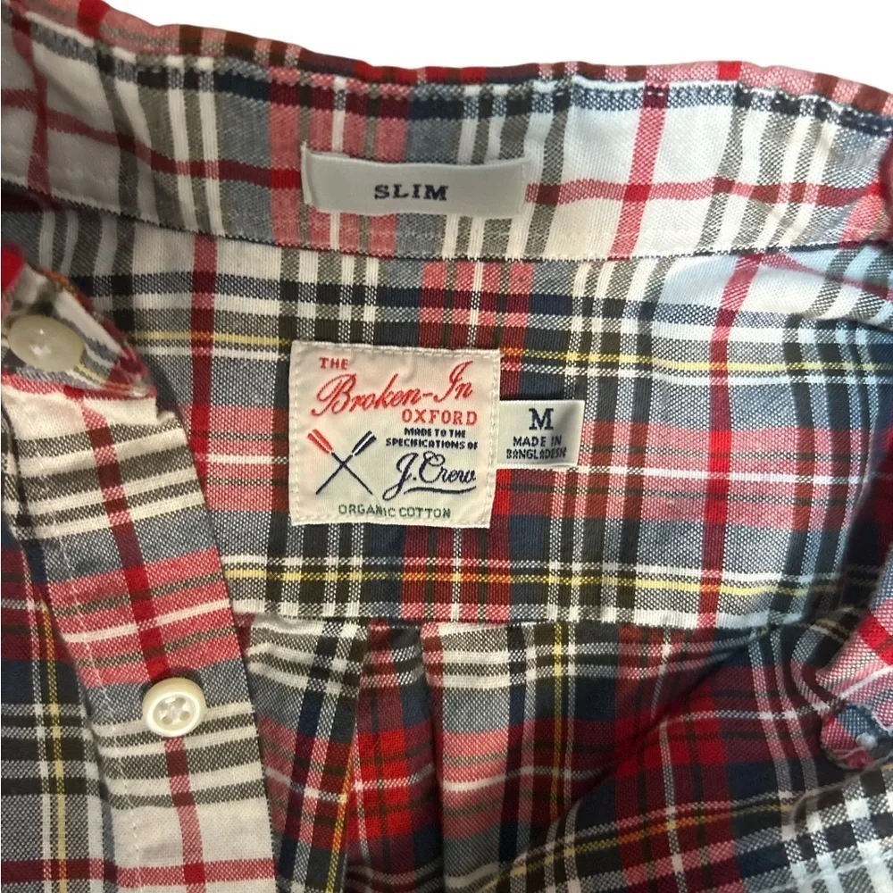 J.Crew Broken-In Oxford Slim Fit Plaid Shirt Red Navy White Tartan Men’s M